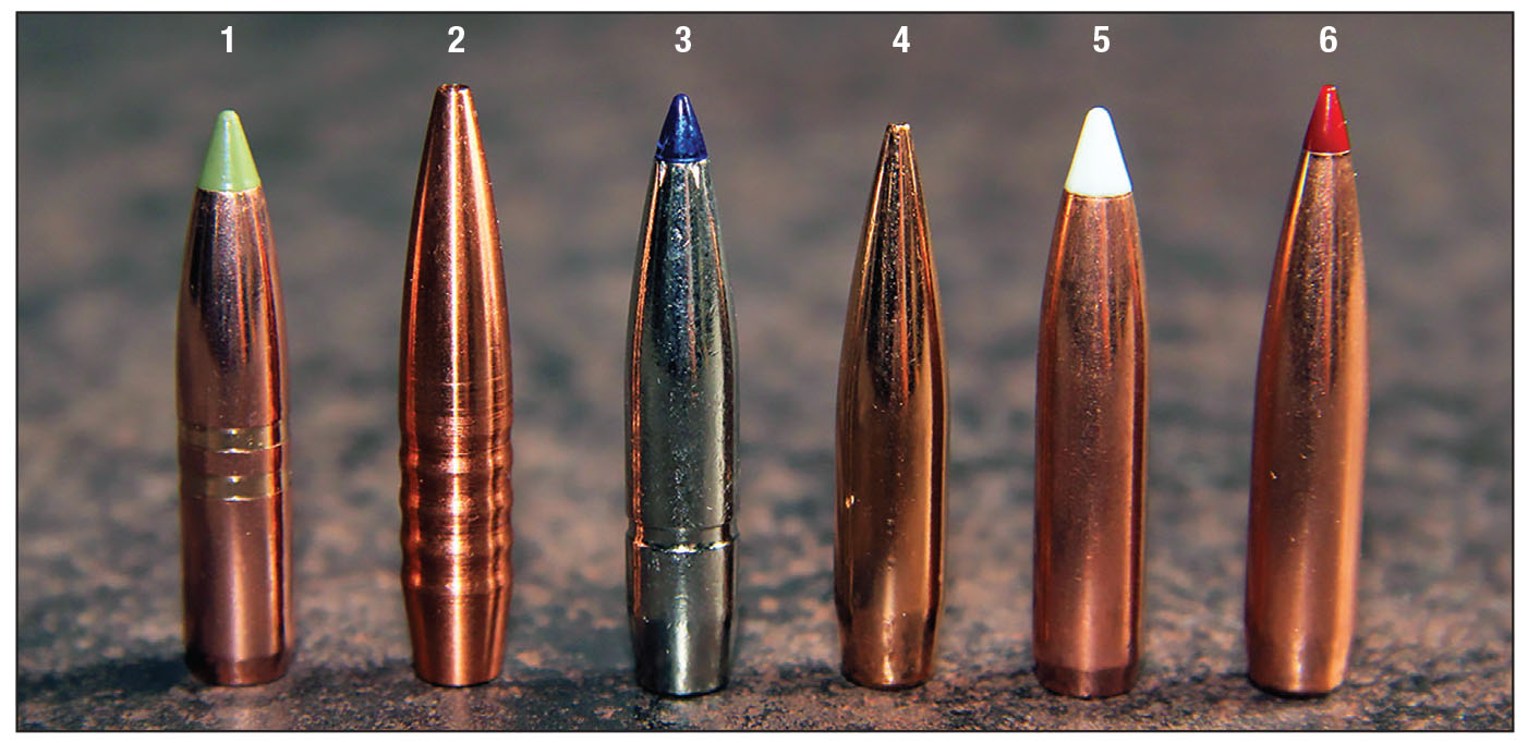 Bullets used to assemble handloads included: (1) Nosler 120-grain Expansion Tip, (2) Hammer Bullets 124-grain Hammer Hunter, (3) Federal Premium 130-grain Terminal Ascent, (4) Berger 135-grain Classic Hunter, (5) Nosler 140-grain AccuBond and (6) Hornady 143-grain ELD-X.